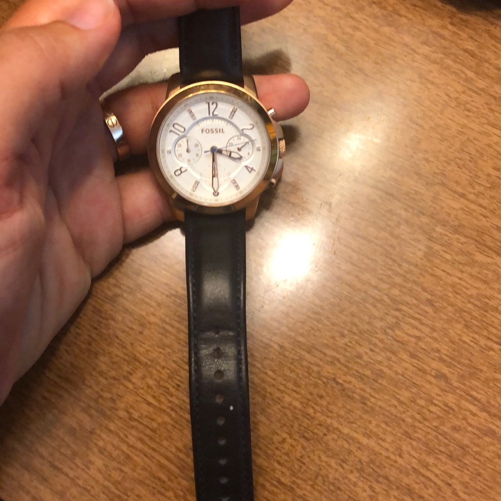 Rose gold and blue leather Fossil watch